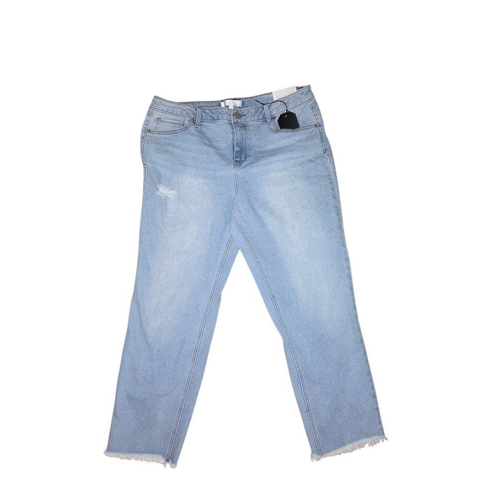 1822 Denim Girlfriend Light Wash Frayed Hem Distressed High Rise Jeans 14 NWT